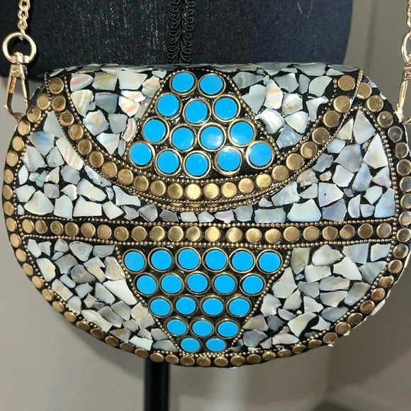 RAMLA Women’s Turquoise Mother of Pearl Mosaic Handmade Shoulder Bag/Clutch - Picture 3 of 15